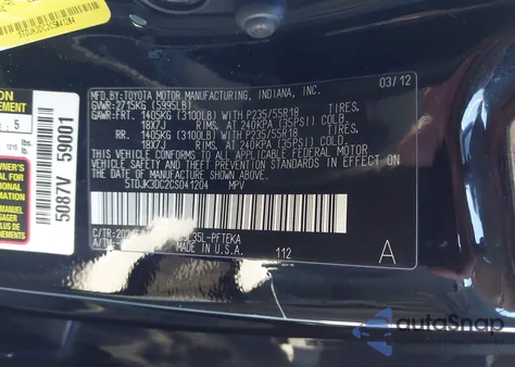 2012 Toyota Sienna Le 7 Passenger z USA, uszkodzony, nr VIN 5TDJK3DC2CS041204